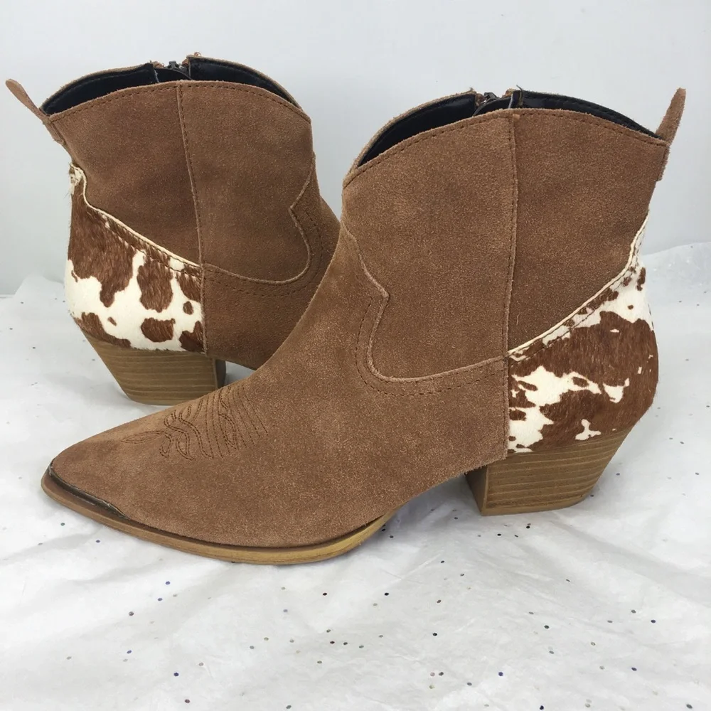 Dingo suede leather brown cow print calf hair boots 8.5 - Picture 2 of 8